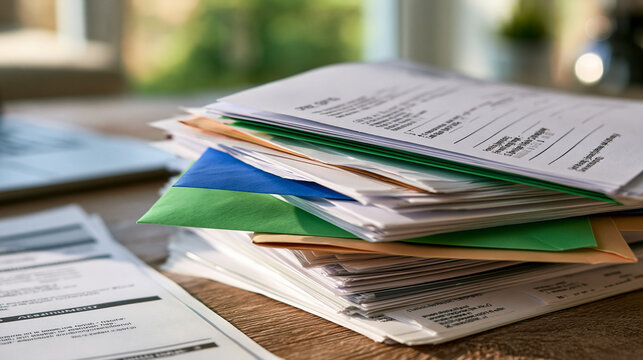 Stack of mail and documents on a wooden desk with blurred background.
