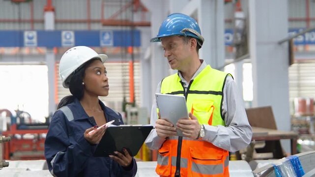 Two industrial engineers in safety helmets and high visibility vests review production processes and quality control data inside a modern factory.