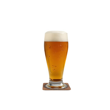 Traditional Belgian beer poured into a branded glass with rich golden color and creamy foam isolated.