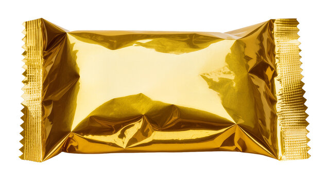 Shiny gold foil candy wrapper with crimped edges, isolated on transparent background