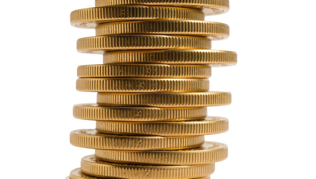 Stack of shiny gold coins, isolated on transparent background