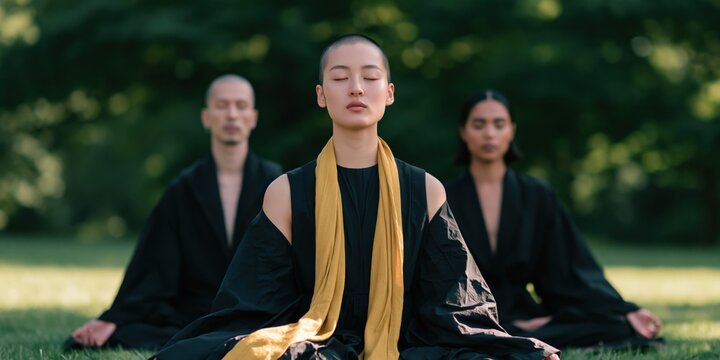 Group meditation session in a park with woman wearing a yellow scarf and black robes for mindfulness background and wellness banner design