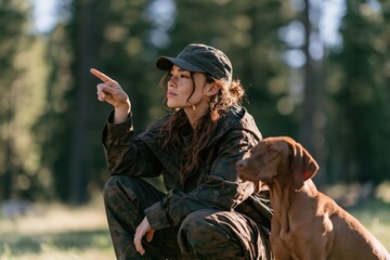 Naklejka premium Woman pointing while crouched in camouflage with hunting dog for outdoor wildlife banner and nature background