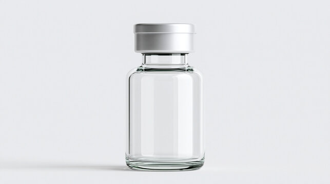 Clear glass medical vial with a silver cap isolated on white background. Perfect for pharmaceutical product design and vaccine packaging mockups.