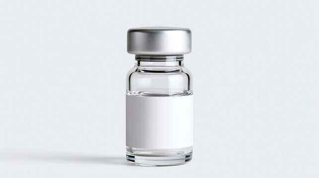 A single medical glass vial with a blank white label isolated on white background. Perfect for vaccine and pharmaceutical product design mockups.