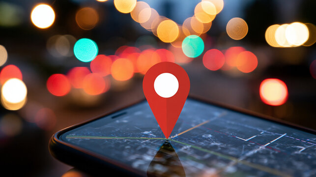 Red map pin on smartphone screen displaying navigation app with bokeh city lights at night. Location concept for travel and urban exploration.