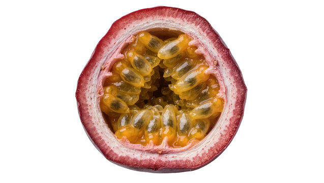 Ripe passion fruit half with juicy pulp and seeds, isolated on transparent background