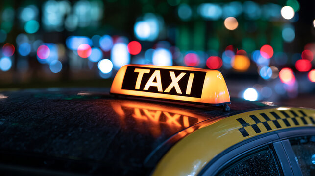 Illuminated yellow 'TAXI' sign on a car roof at night with blurred city lights in the background. Represents urban transport and city travel.