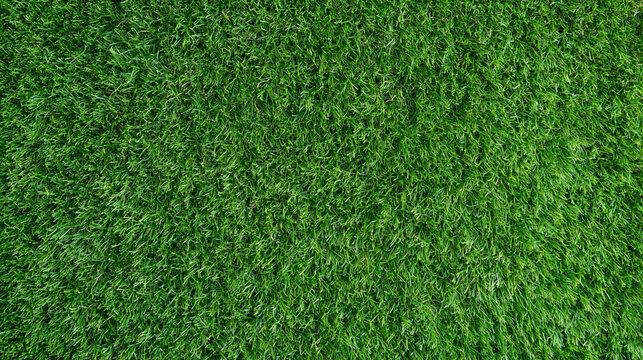 A vibrant green artificial grass turf under bright daylight. Perfect for sports fields and landscaping background concepts.