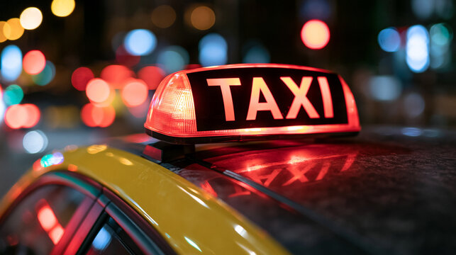 Illuminated TAXI sign glows on a yellow car roof at night with bokeh city lights. Transport concept for urban travel.