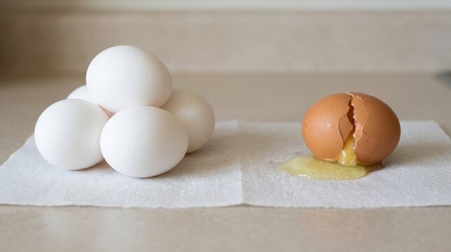 Cracked brown egg leaking raw white on a paper towel next to whole white eggs. Food safety and waste concept