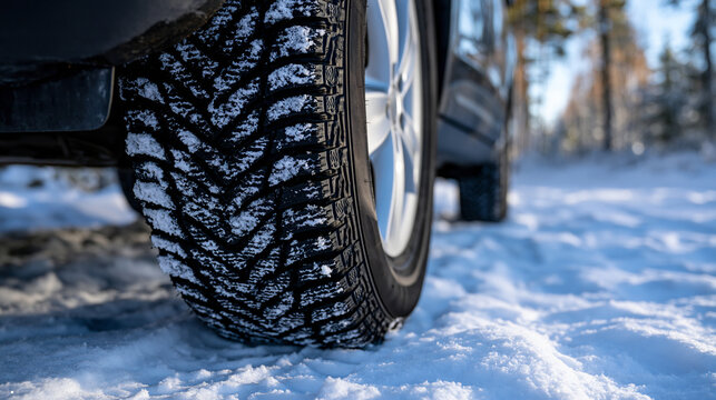 A winter car tire covered in fresh snow grips a cold road during daylight. Automotive safety concept for seasonal tire change and winter driving ads.