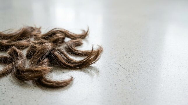 Freshly cut brown hair locks on a salon floor. Wavy brunette hair strands after a haircut. Hairdressing and grooming concept. Copy space for text