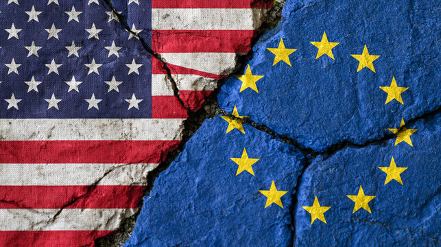 Cracked stone surface painted with the flags of the United States and the European Union. Geopolitical conflict and trade dispute concept between allies.