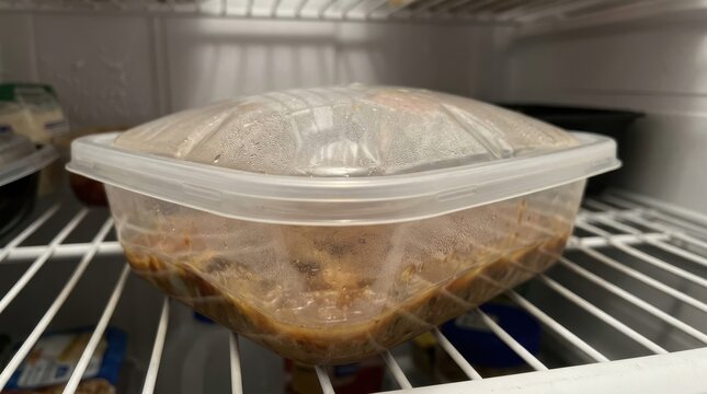 Leftover food in a plastic container with condensation on a refrigerator shelf. Warm food stored in a fridge causing moisture droplets on lid