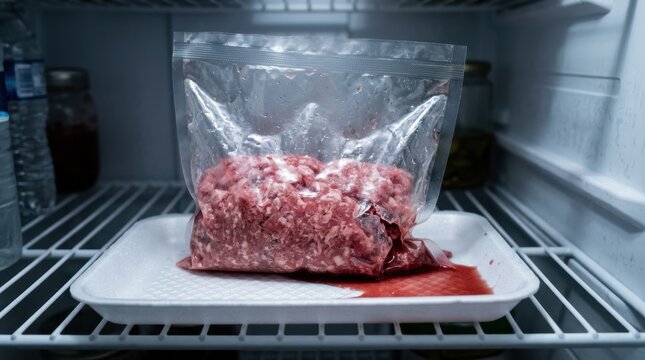 Leaking raw meat package inside refrigerator. Ground beef in plastic bag leaking red juice on styrofoam tray. Food safety and contamination concept