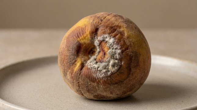 Close up of a spoiled peach with mold on a plate. Rotten shriveled fruit with fuzzy fungus growth. Food waste and decomposition concept