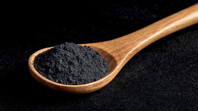 A wooden spoon holds a pile of activated charcoal powder against a dark background. This highlights natural wellness ingredients and healthy beauty product concepts.