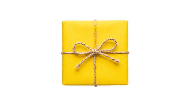 Yellow gift box with twine bow, minimalist present on white background, vibrant square parcel for holiday celebration and birthday surprise