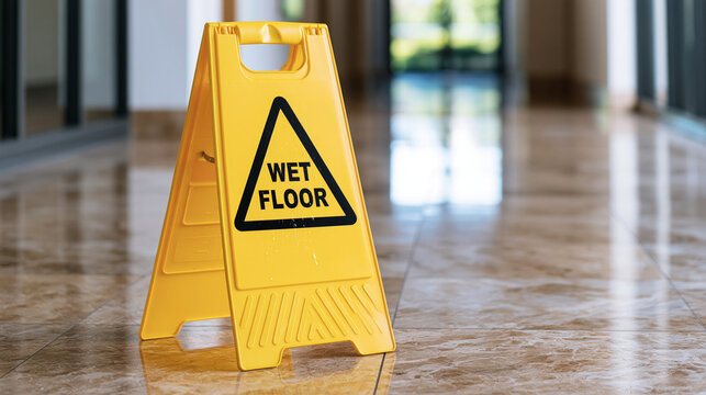 Yellow wet floor caution sign placed on a shiny marble hallway floor. Safety warning for slippery surfaces in public buildings.