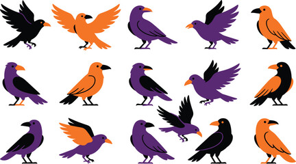 Naklejka premium Set of cute cartoon crows and ravens in various poses with orange and purple halloween color palette