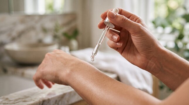 > Close up of female hands applying cosmetic serum or essential oil from glass dropper onto skin in bright bathroom. Skincare and beauty routine concept