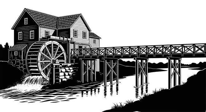Vector illustration of vintage water mill by the river on a transparent background