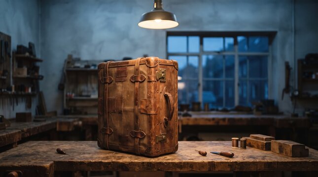 A well-worn leather suitcase stands proudly on a sturdy wooden table in a charming workshop. Soft evening light pours in through the window, highlighting the suitcase's history and craftsmanship.