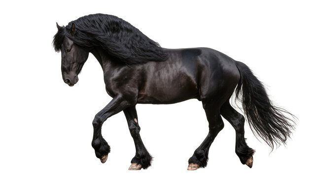 Majestic black Friesian horse with flowing mane and tail, isolated on transparent background