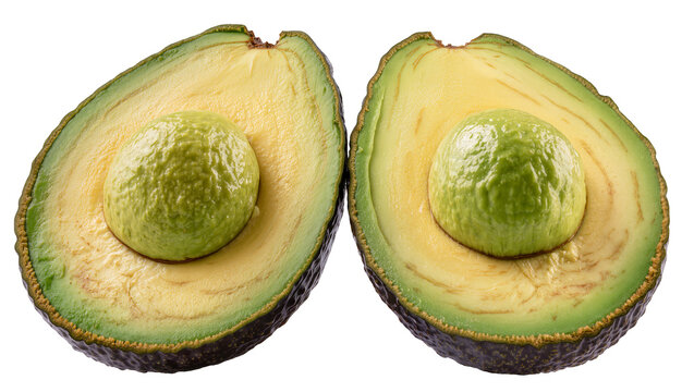 Two ripe avocado halves with green flesh and large pit, isolated on transparent background