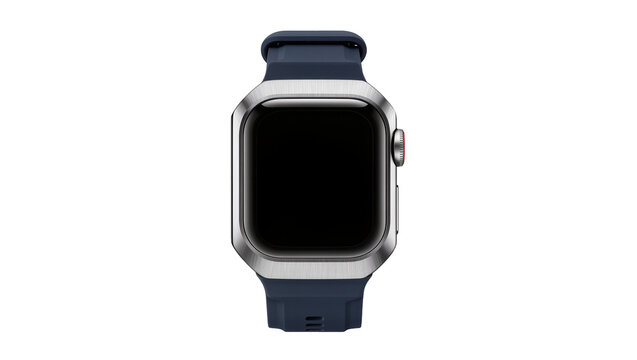 Brushed metal smartwatch with dark blue silicone band, isolated on transparent background