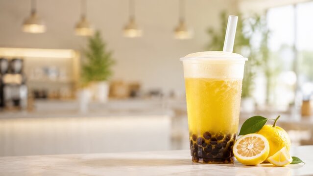 Yuzu cheese foam boba tea with black tapioca pearls, citrus slices and creamy foam in a clear takeaway cup on a cafe counter, styled with a soft interior background and copy space for menu advertising
