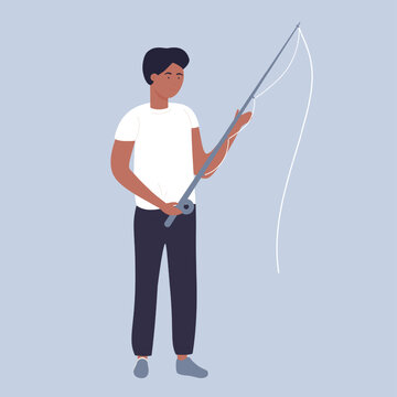 Cute male teeneger holding a fishing rod. Boy preparing tapering long stick for catching fish cartoon vector illustration