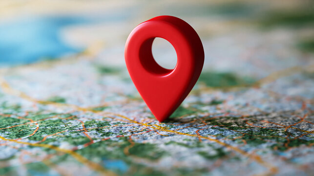 A red map pin marker stands on a detailed paper road map with soft lighting. Ideal for travel planning and location concepts.