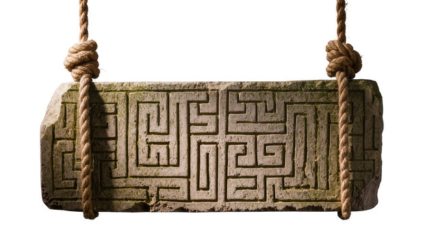 Ancient stone slab with labyrinth carving suspended by thick ropes, isolated on transparent background
