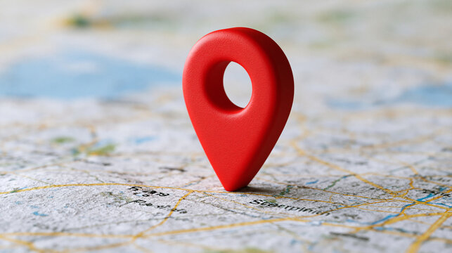 A red map pin marker stands on a detailed paper road map under soft lighting. Great concept image for travel planning and navigation.