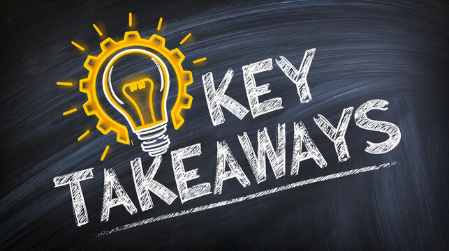 Key takeaways text written on a dark chalkboard with a glowing lightbulb gear icon. Educational business concept for corporate presentations and training.
