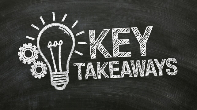 Key takeaways text drawn with white chalk on a dark blackboard with lightbulb and gears. Perfect for business strategy and education presentations.
