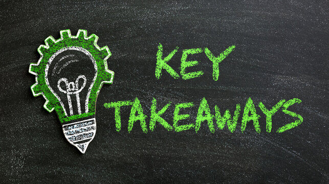 Key takeaways text written in green chalk with a lightbulb gear icon on a dark blackboard. Educational concept for business presentations and training seminars.