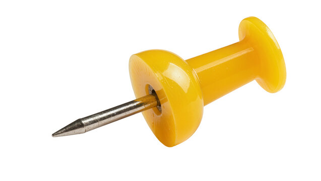 Yellow plastic pushpin with sharp metal point, isolated on transparent background