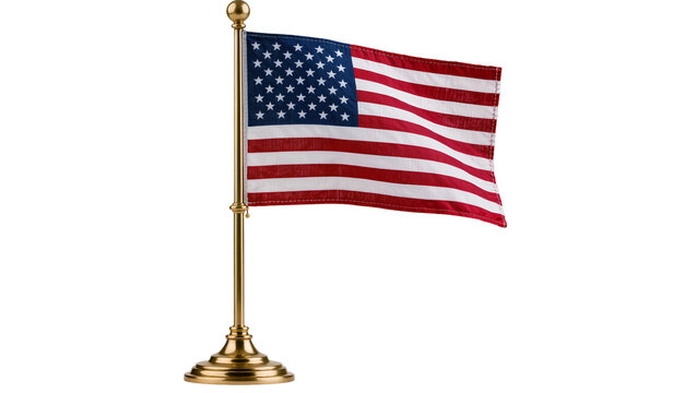 Small American flag on golden pole, isolated on transparent background