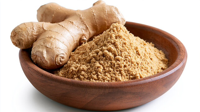 Fresh ginger root and ground powder in a wooden bowl isolated on white background. Useful image for organic food and natural medicine promotions.