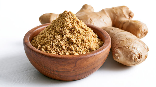 Ground ginger powder in a wooden bowl with fresh ginger root isolated on white background. Useful for spice and culinary recipe designs.