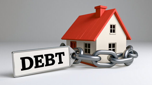 A small model house wrapped in heavy metal chains with a debt tag attached, isolated on a white background. Financial mortgage crisis concept for real estate ads.