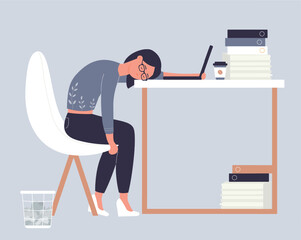 Fototapeta premium Exhausted girl sleeping on working office table. Professional burning out and overtime job cartoon vector illustration