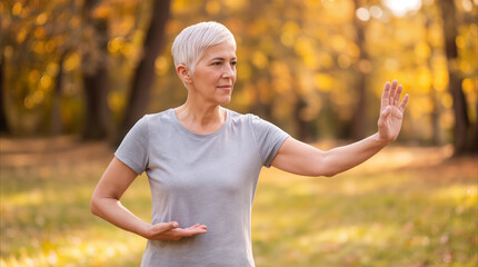 Naklejka premium Senior woman practicing tai chi in autumn park. Mindful exercise and wellness for elderly people in nature.