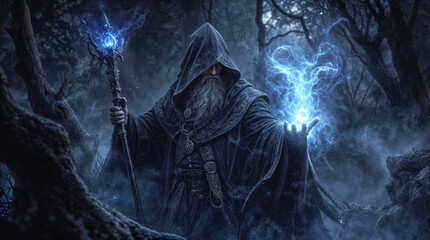 Fototapeta premium Wizard casting blue magical spell in dark enchanted forest. Sorcerer holding ornate staff while manipulating glowing energy in mystical woods.