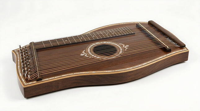 Traditional wooden zither instrument with intricate design.