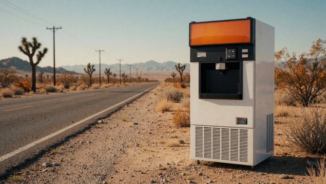 White vending machine side road desert has orange screen top black door appears empty located right surrounded