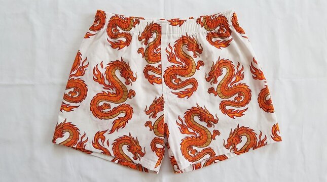 White shorts with vibrant orange dragon pattern, laid flat on a light surface, showcasing the detailed mythical creature design.